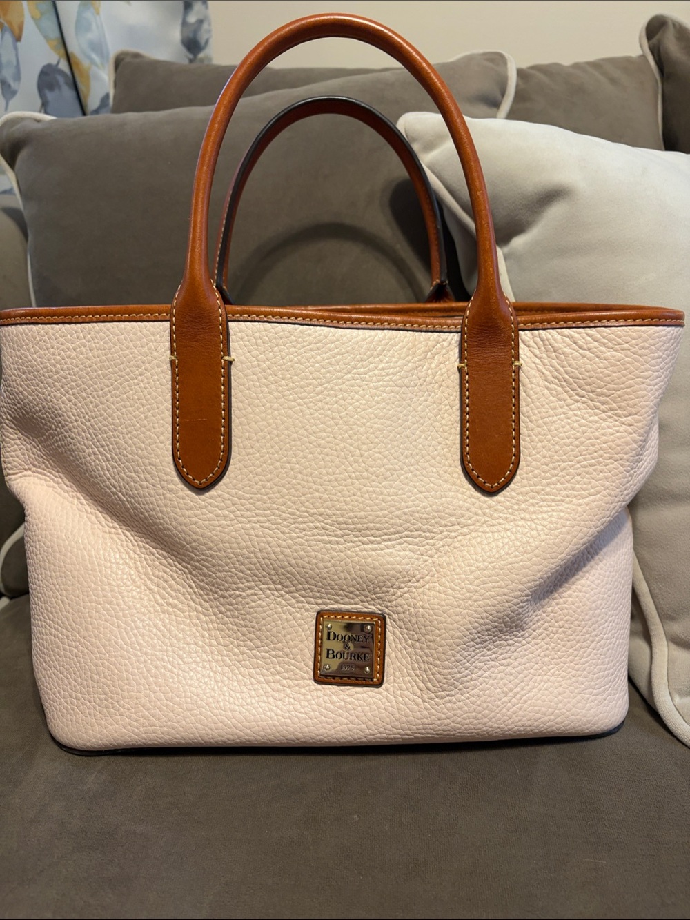 Dooney & Bourke Cream Pebbled Leather Tote with Brown Trim